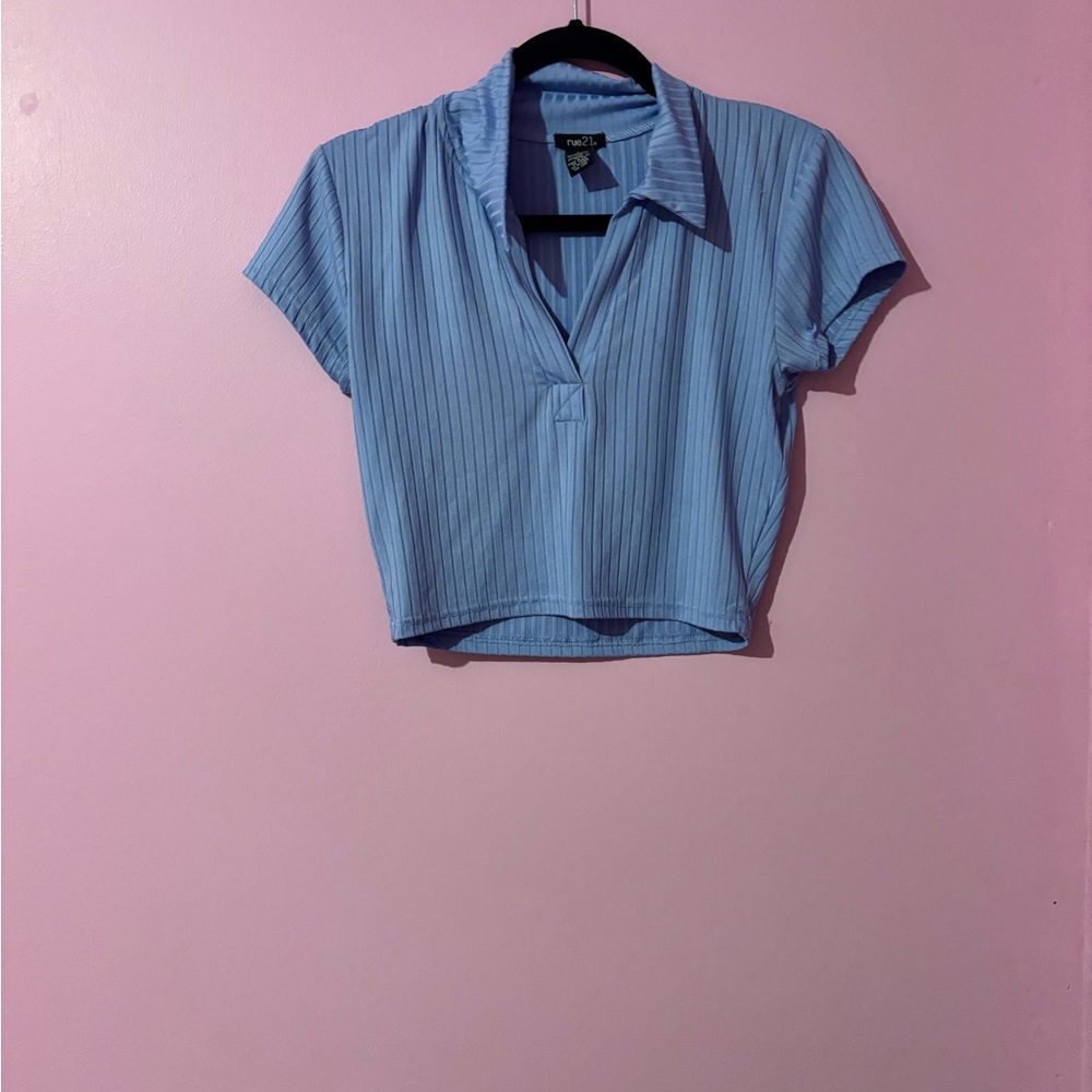 Rue21 Blue Ribbed Crop Polo Blouse